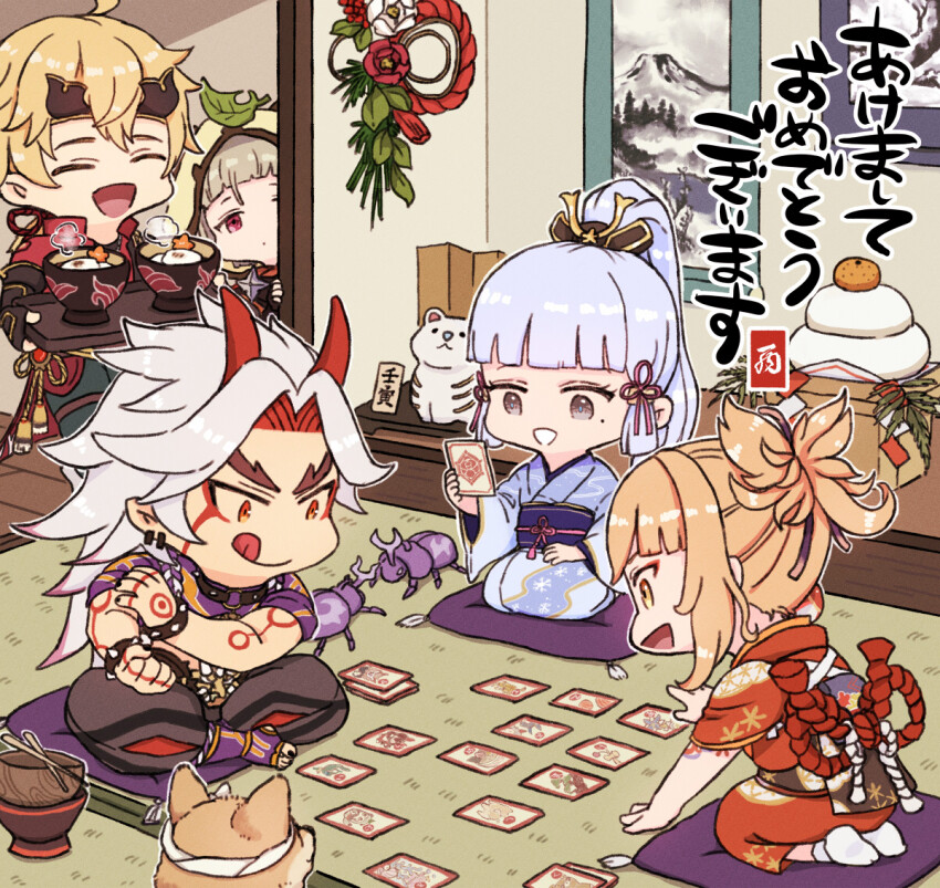 2boys 3girls :d :q ^_^ ahoge animal_ears animal_hood arataki_itto arm_tattoo ayaka_(genshin_impact) beetle belt black_choker black_gloves black_nails blonde_hair blue_hair blue_kimono blue_pants blunt_bangs blunt_tresses bodypaint bowl bracelet bug camellia card card_game chibi choker chopsticks closed_eyes closed_mouth colored_inner_hair commentary_request crop_top cushion dog earrings eyeshadow facepaint fake_animal_ears fake_horns fingerless_gloves fingernails flower food fruit genshin_impact gloves grey_hair grey_pants hair_ornament hair_ribbon hair_tubes hanging_scroll headband high_ponytail holding holding_card holding_tray hood hood_up horned_headwear horns indoors insect jacket japanese_clothes jewelry kagami_mochi kimono leaf leaf_on_head long_hair long_sleeves low_ponytail makeup mandarin_orange mole mole_under_eye multicolored_hair multiple_boys multiple_girls nail_polish o-ring o-ring_choker obi obiage obijime oni onikabuto_(genshin_impact) open_clothes open_jacket open_mouth orange_kimono pants parted_bangs pink_ribbon playing_card ponytail print_kimono purple_eyes purple_sash purple_shirt raccoon_ears raccoon_hood red_eyes red_eyeshadow red_flower red_hair red_horns red_jacket ribbon rope sanbou sash sayu_(genshin_impact) scroll seiza shiba_inu shide shimekazari shimenawa shirt short_hair short_sleeves shuriken sidelocks sitting smile snowflake_print socks spiked_bracelet spikes steam streaked_hair studded_choker tabi taroumaru_(genshin_impact) tassel tasuki tatami tattoo thigh_strap thoma_(genshin_impact) toenail_polish toenails tongue tongue_out translation_request tray v-shaped_eyebrows vision_(genshin_impact) weapon west_(west24_draw) white_flower white_hair white_socks wide_sleeves yellow_eyes yoimiya_(genshin_impact) zabuton zouni_soup