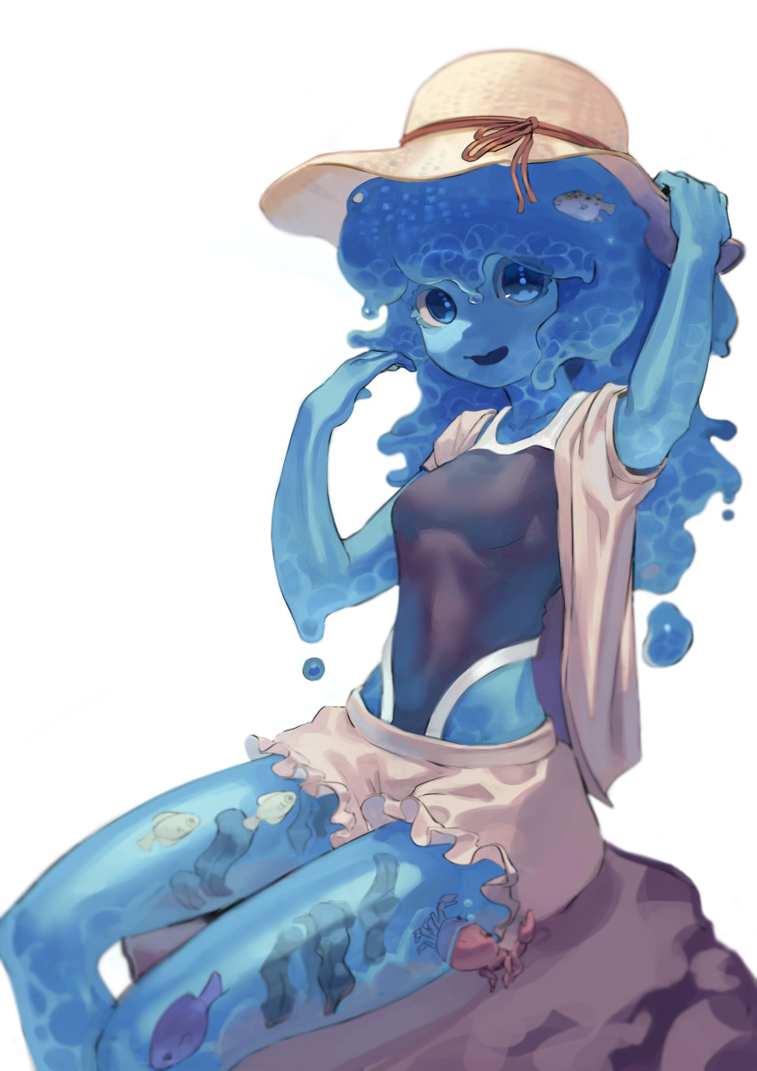 1girl absurdres blue_eyes blue_skin colored_skin crab fish hat highres liquid_hair looking_at_viewer monster_girl open_mouth original seaweed sitting solo srhk96 swimsuit white_background