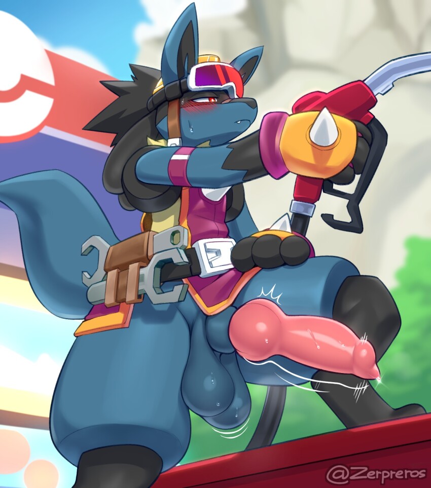 1boy animal_penis blush chest_spike closed_mouth erection fang fang_out furry furry_male gas_pump gas_pump_nozzle gen_4_pokemon goggles goggles_on_head highres looking_to_the_side lucario male_focus nintendo penis pokemon pokemon_(creature) sweatdrop tail testicles twitter_username wrench zerpreros