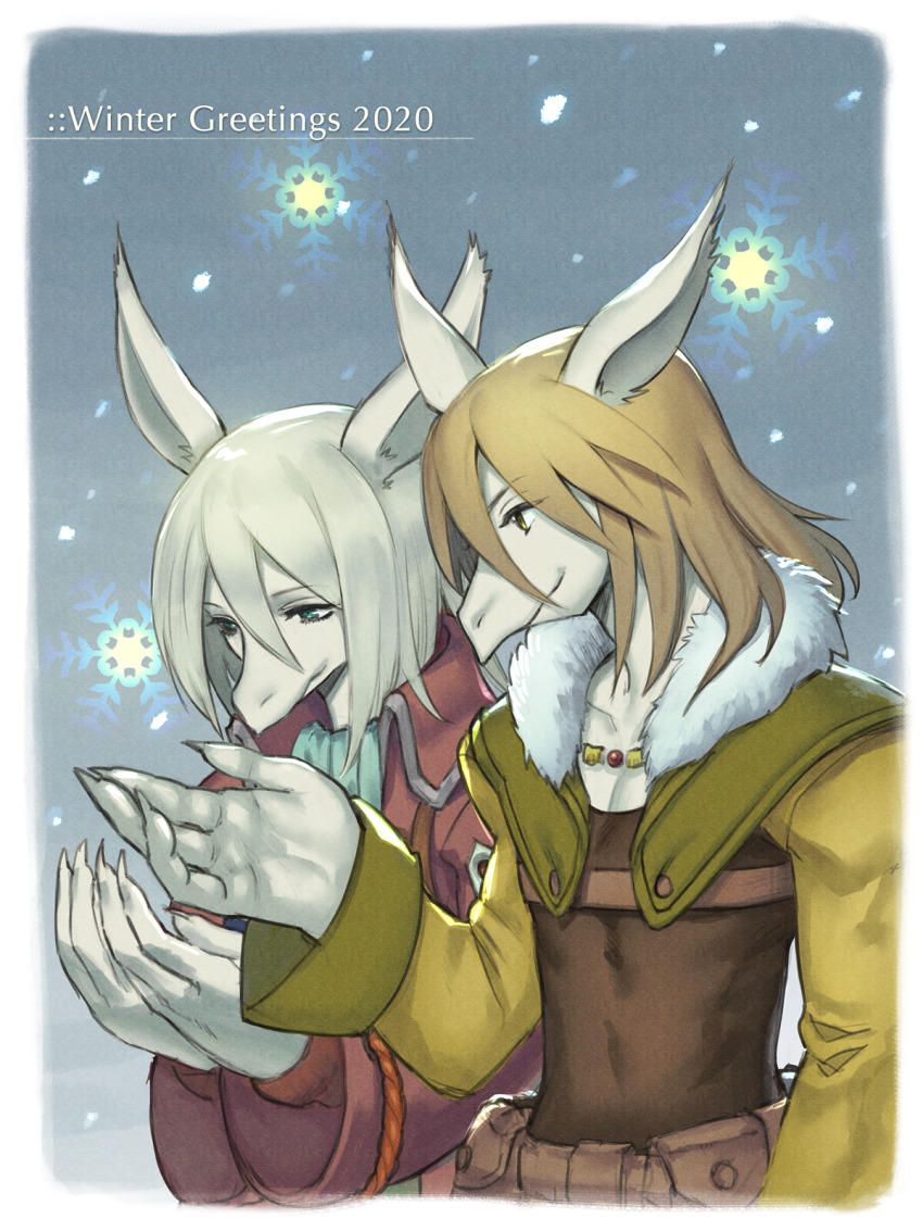 1boy 1girl animal_ears aqua_eyes ascot blonde_hair blue_ascot brown_shirt burmecian claws colored_skin final_fantasy final_fantasy_ix fratley freija_crescent fur_collar grey_hair grey_skin hair_between_eyes high_collar highres jacket jewelry long_sleeves medium_hair mouse_boy mouse_girl necklace own_hands_together red_jacket shirt shoulder_pads smile snowing uboar upper_body winter yellow_eyes yellow_sleeves