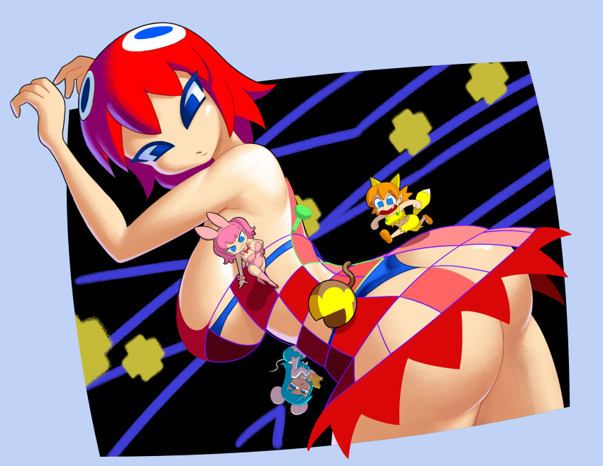 4girls absurdres animal_ears arms_up ass blinky_(pac-man) blue_bra blue_eyes blue_hair blue_panties bra breasts clyde_(pac-man) commentary dress fake_animal_ears fake_tail fox_ears fox_tail highres inky_(pac-man) large_breasts leotard long_hair minuspal mouse_ears mouse_tail multiple_girls open_mouth orange_hair pac-man pac-man_(game) panties pink_hair pink_leotard pinky_(pac-man) playboy_bunny red_dress red_hair standing tail underwear
