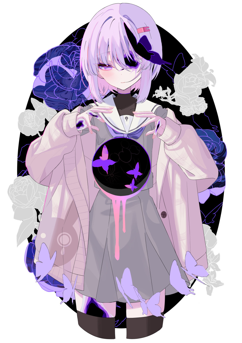 1girl a.i._voice absurdres black_background black_thighhighs black_undershirt blush border bug butterfly cardigan closed_mouth cropped_legs crystal_skin floral_background gem geode grey_shirt grey_skirt hair_ornament hairclip hands_up highres insect light_smile looking_at_viewer missing_eye natsukawa_kita neckerchief open_cardigan open_clothes orb outside_border oval_background pink_cardigan purple_eyes purple_gemstone purple_hair purple_neckerchief sailor_collar school_uniform shirt short_hair skirt solo standing thighhighs turtleneck turtleneck_shirt voiceroid white_border white_sailor_collar yuzuki_yukari yuzuki_yukari_(shizuku)