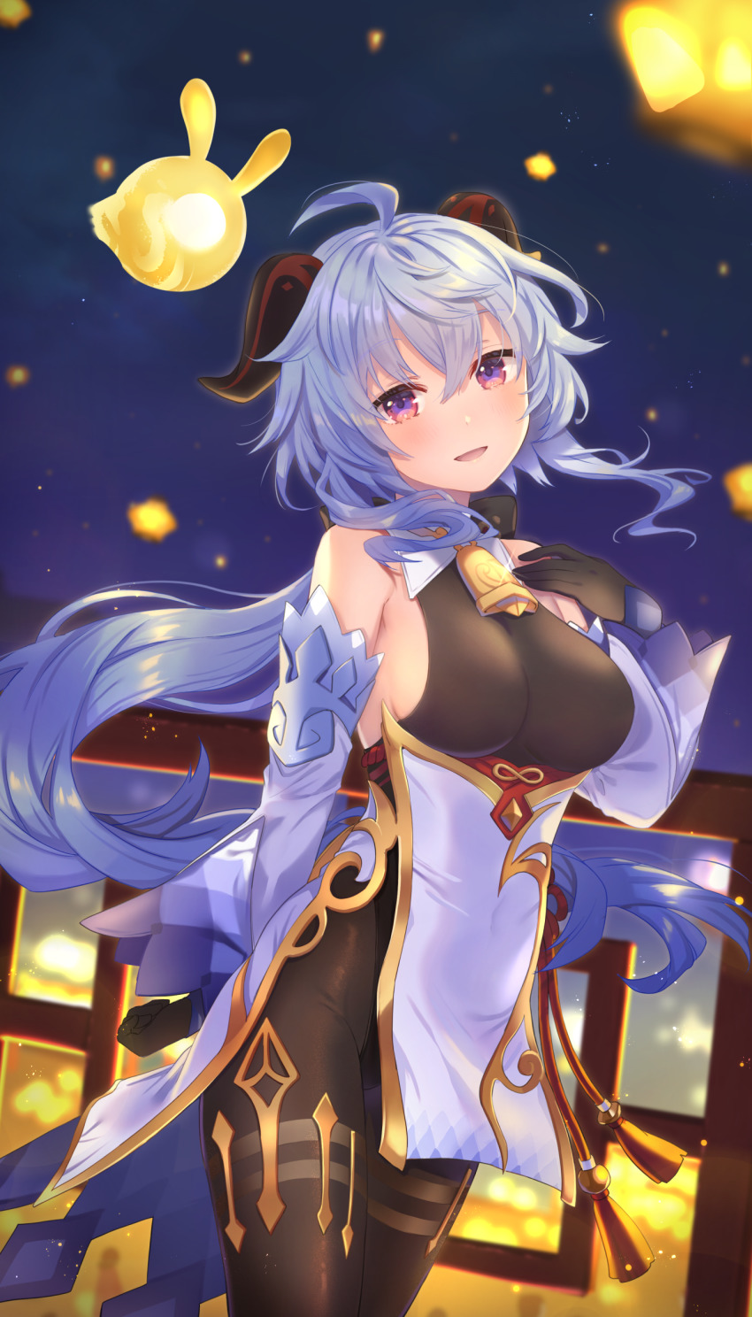 1girl :d absurdres bare_shoulders bell black_bodysuit black_gloves blue_hair bodysuit breasts commentary_request detached_sleeves ganyu_(genshin_impact) genshin_impact gloves hair_between_eyes hand_up highres kon_(k0n16) large_breasts long_sleeves looking_at_viewer open_mouth purple_eyes railing smile solo standing white_sleeves wide_sleeves