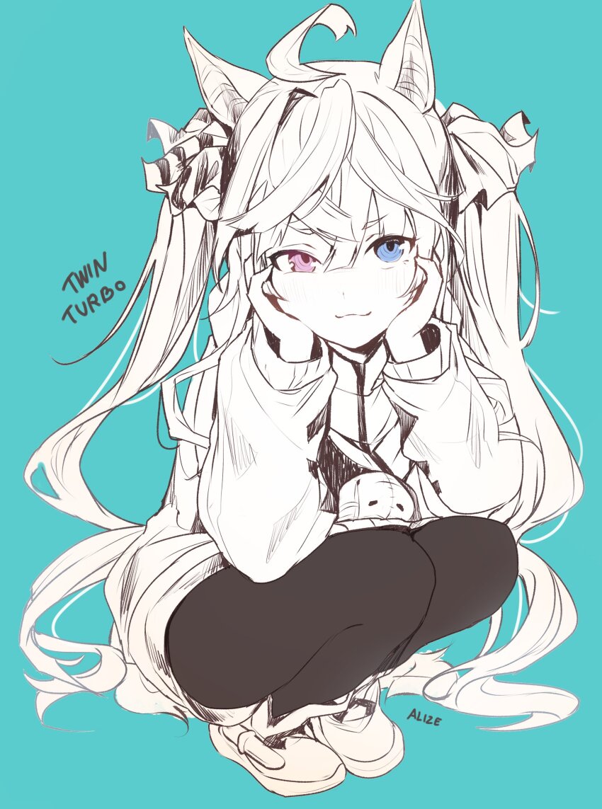 1girl absurdres ahoge allze animal_ears artist_name black_pantyhose blue_eyes boots character_name closed_mouth crossed_bangs full_body hands_on_own_cheeks hands_on_own_face heterochromia highres hood hood_down hoodie horse_ears horse_girl horse_tail long_hair long_sleeves looking_at_viewer pantyhose partially_colored pink_eyes smile solo squatting stuffed_animal stuffed_rabbit stuffed_toy tail twin_turbo_(umamusume) twintails umamusume