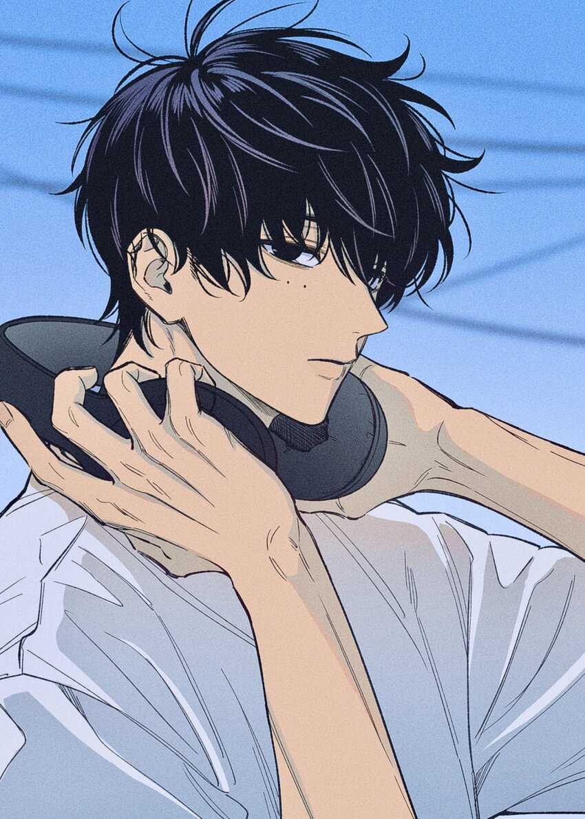 1boy black_eyes black_hair closed_mouth expressionless from_side hands_up headphones headphones_around_neck highres holding holding_headphones kuroiisana looking_at_viewer male_focus mole mole_under_eye multiple_moles sakamoto_days seba_natsuki shirt short_hair solo upper_body wavy_hair white_shirt wind