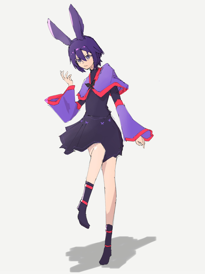 1girl animal_ears black_boots black_dress boots capelet closed_mouth commentary dress full_body hair_between_eyes highres hoshi_no_kioku kinako_(hoshi_no_kioku) looking_at_viewer purple_capelet purple_eyes purple_hair purple_sleeves rabbit_ears rabbit_girl short_hair simple_background smile solo sound_holic standing standing_on_one_leg touhou white_background whiterolo