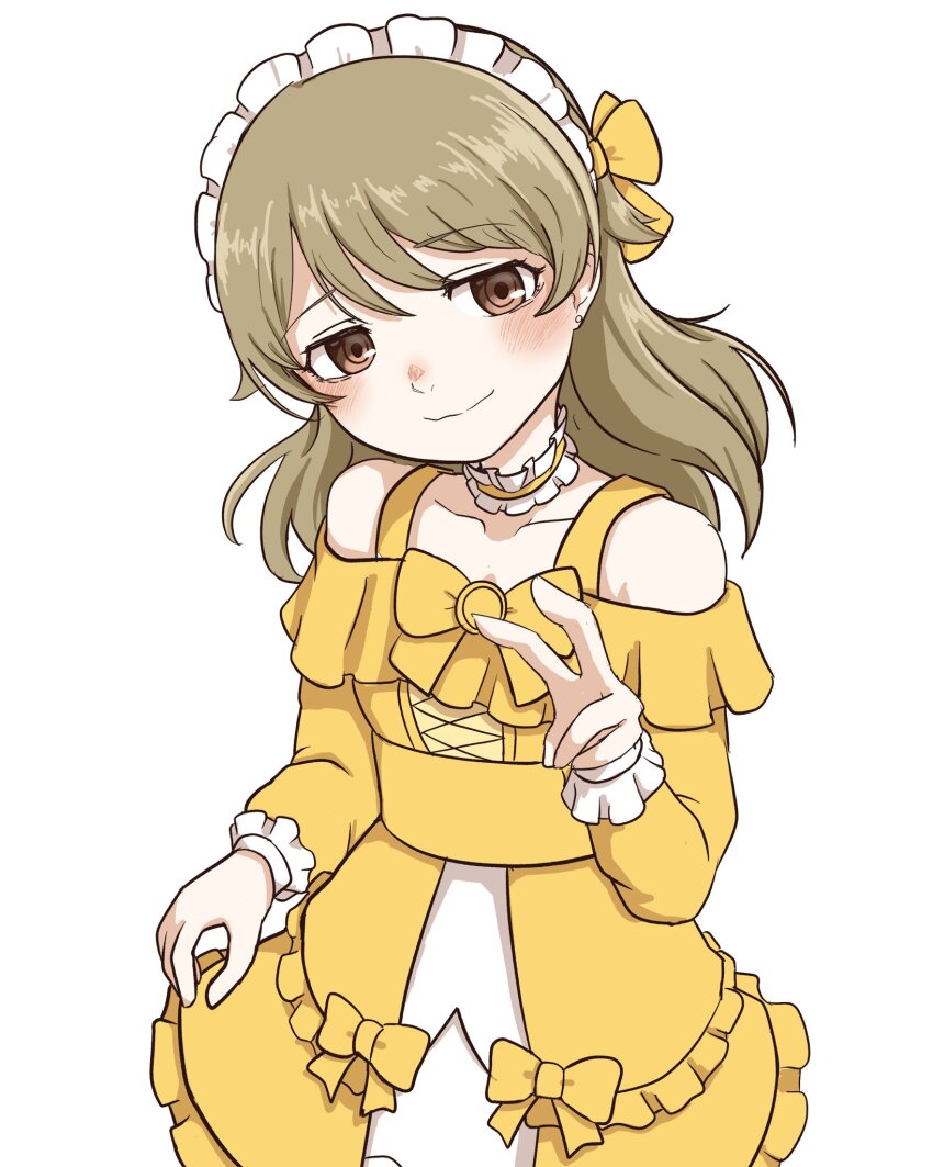 1girl bare_shoulders blush brown_eyes choker dress frilled_choker frills grey_hair hairband highres idolmaster idolmaster_cinderella_girls long_hair looking_at_viewer morikubo_nono nervous_smile smile solo swirupa v yellow_dress