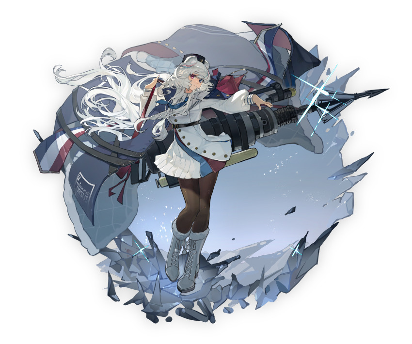 1girl absurdres animal_ears arknights black_hat black_pantyhose blue_eyes blue_necktie boots chinese_commentary clothes_writing collared_dress commentary_request deawei dress floating_hair full_body fur-trimmed_boots fur_trim grey_boots hat heterochromia highres knee_boots lace-up_boots long_hair long_sleeves looking_at_viewer necktie pantyhose parted_lips pillbox_hat pink_eyes pleated_dress pom_pom_(clothes) rosa_(arknights) solo transparent_background weapon white_dress white_hair