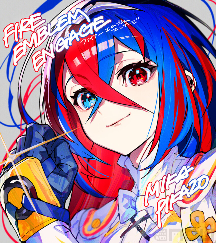 1girl female_alear_(fire_emblem) armor artist_name blue_eyes blue_gloves blue_hair bow bowtie breasts clenched_hand close-up copyright_name crossed_bangs emblem_ring fire_emblem fire_emblem_engage gloves hair_between_eyes heterochromia highres jewelry long_hair looking_at_viewer medium_breasts mika_pikazo multicolored_hair nintendo nintendo_dream official_art portrait red_eyes red_hair shirt smile solo split-color_hair streaked_hair tiara two-tone_hair white_bow white_bowtie white_shirt