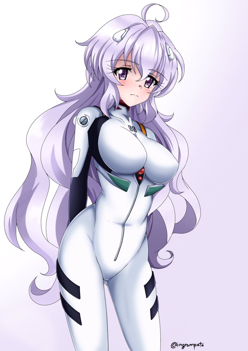 1girl ahoge arms_behind_back bodysuit breasts closed_mouth grey_bodysuit grey_hair hair_between_eyes headgear highres kyomeihibiki large_breasts long_hair mecha_pilot_suit plugsuit_(evangelion) purple_eyes purple_hair senki_zesshou_symphogear senki_zesshou_symphogear_xd_unlimited yukine_chris_(another)