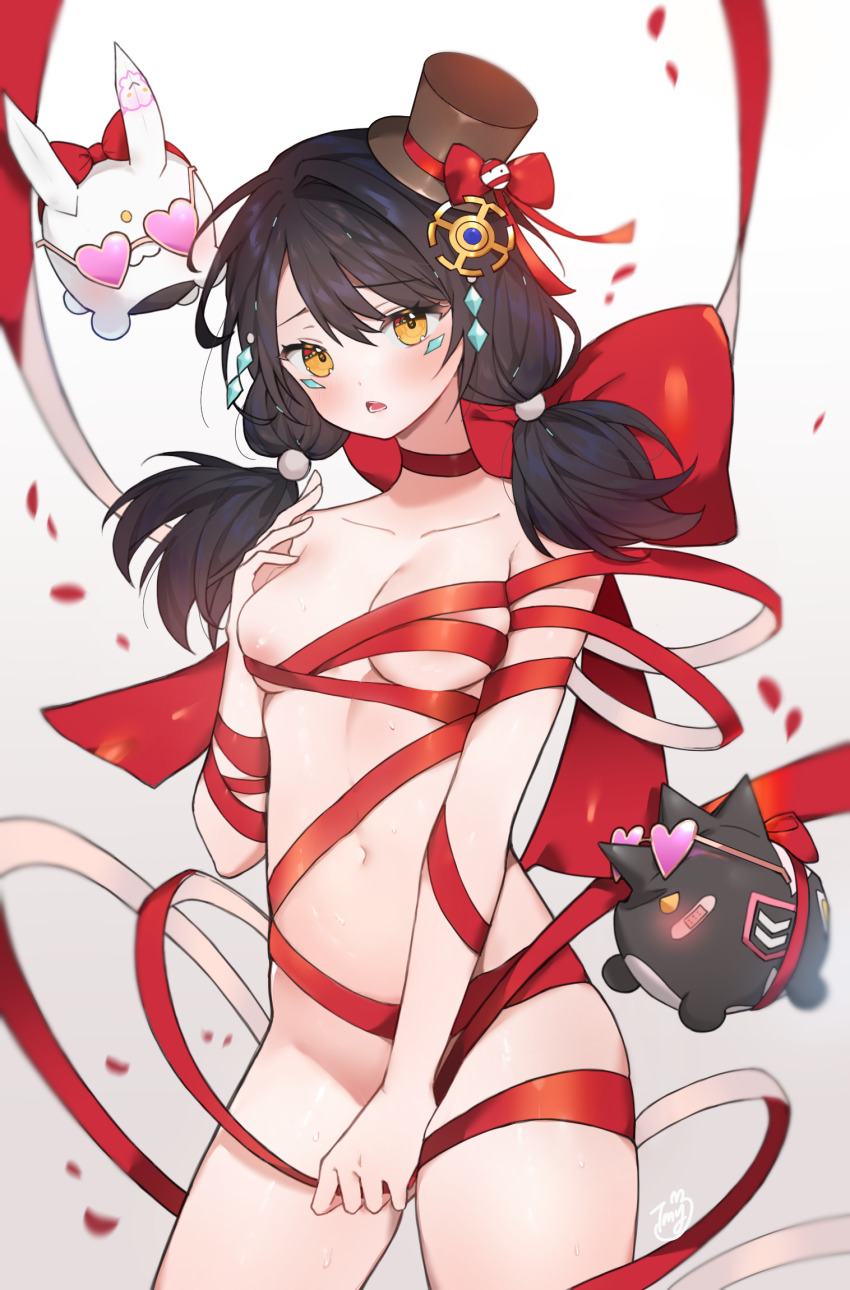 1girl areola_slip black_hair black_hat bow breasts choker cleavage convenient_censoring cowboy_shot drone elsword eve_(elsword) facial_mark hair_ornament hand_up hat heart heart-shaped_eyewear highres long_hair looking_at_viewer low_twintails medium_breasts moby_(elsword) naked_ribbon navel open_mouth red_bow red_choker red_ribbon remy_(elsword) ribbon solo standing stomach sunglasses timy top_hat twintails yellow_eyes