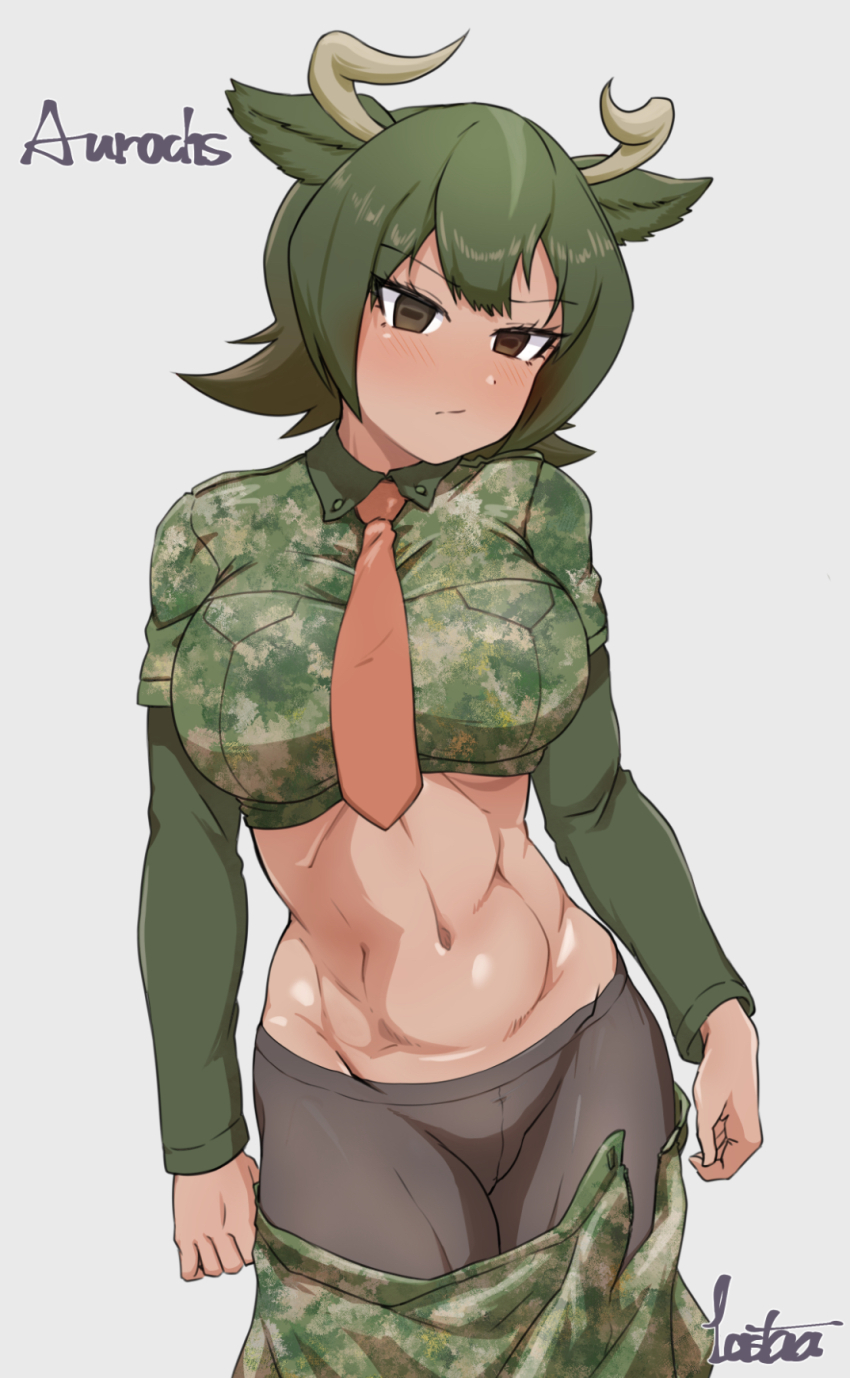 1girl :/ animal_ears arms_at_sides artist_name aurochs_(kemono_friends) blush breasts brown_eyes brown_hair camouflage camouflage_shirt character_name closed_mouth collared_shirt colored_tips cow_ears cow_horns cowboy_shot cropped_shirt double-parted_bangs empty_eyes eyelashes green_hair head_tilt highres horizontal_pupils horns kemono_friends kyonin_dofu large_breasts layered_sleeves long_sleeves looking_at_viewer medium_hair midriff multicolored_hair navel necktie pantyhose red_necktie shiny_skin shirt short_over_long_sleeves short_sleeves skirt solo stomach tan toned toned_female undressing v-shaped_eyebrows wing_collar