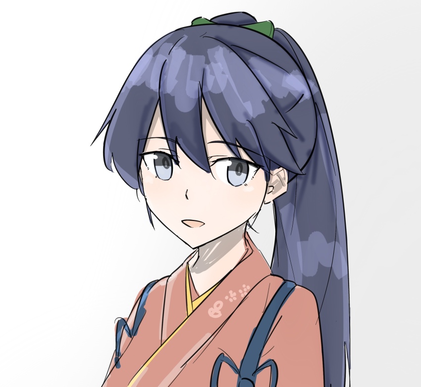 1girl black_hair commentary green_ribbon grey_eyes hair_between_eyes hair_ribbon highres houshou_(kancolle) japanese_clothes kantai_collection kimono lesoa light_smile long_hair looking_at_viewer pink_kimono ponytail ribbon simple_background solo tasuki white_background