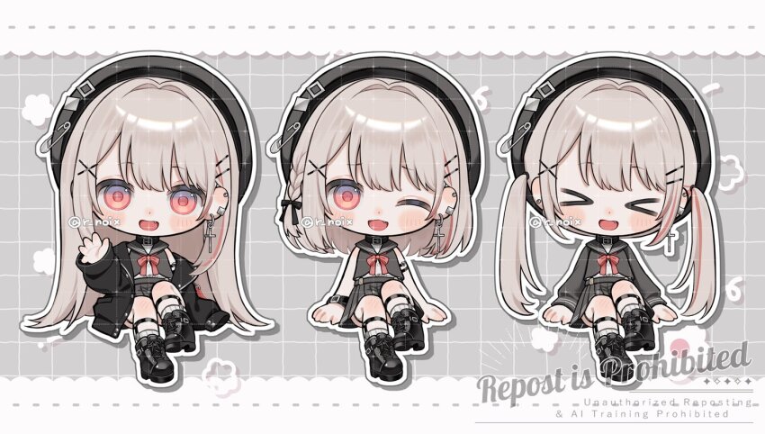 &gt;_&lt; 1girl :d ;d black_boots black_hat black_jacket black_sailor_collar blush boots character_request chibi chibi_only closed_eyes commentary copyright_request cross cross_earrings ear_piercing earrings facing_viewer full_body grey_background grey_hair grey_shirt grey_skirt grid_background hair_ornament hand_up hat jacket jewelry long_hair long_sleeves looking_at_viewer multiple_views myon_rio one_eye_closed open_clothes open_jacket open_mouth piercing pleated_skirt red_eyes ribbed_socks sailor_collar shirt short_hair sitting skirt sleeveless sleeveless_shirt smile socks twintails twitter_username watermark white_socks x_hair_ornament xd