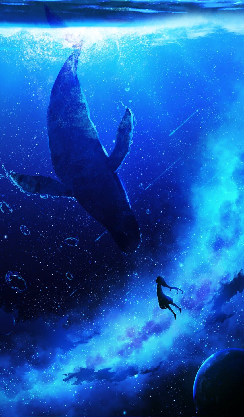 1girl animal blue_theme bubble dark dress flying_whale highres huashijw long_dress long_hair looking_at_another night night_sky original planet scenery sky space star_(sky) starry_sky water whale