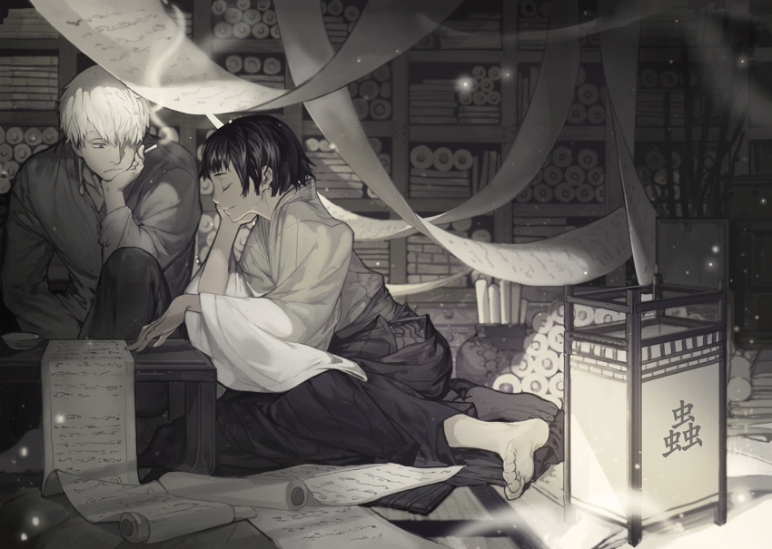 1boy 1girl black_hair cigarette collared_shirt frown ginko_(mushishi) hair_over_one_eye hakama hakama_skirt hand_on_own_chin head_rest hunsay indoors japanese_clothes monochrome mushishi scroll shirt short_hair sitting skirt smoke smoking table tanyuu_(mushishi) tanyuu_karibusa white_hair wooden_table