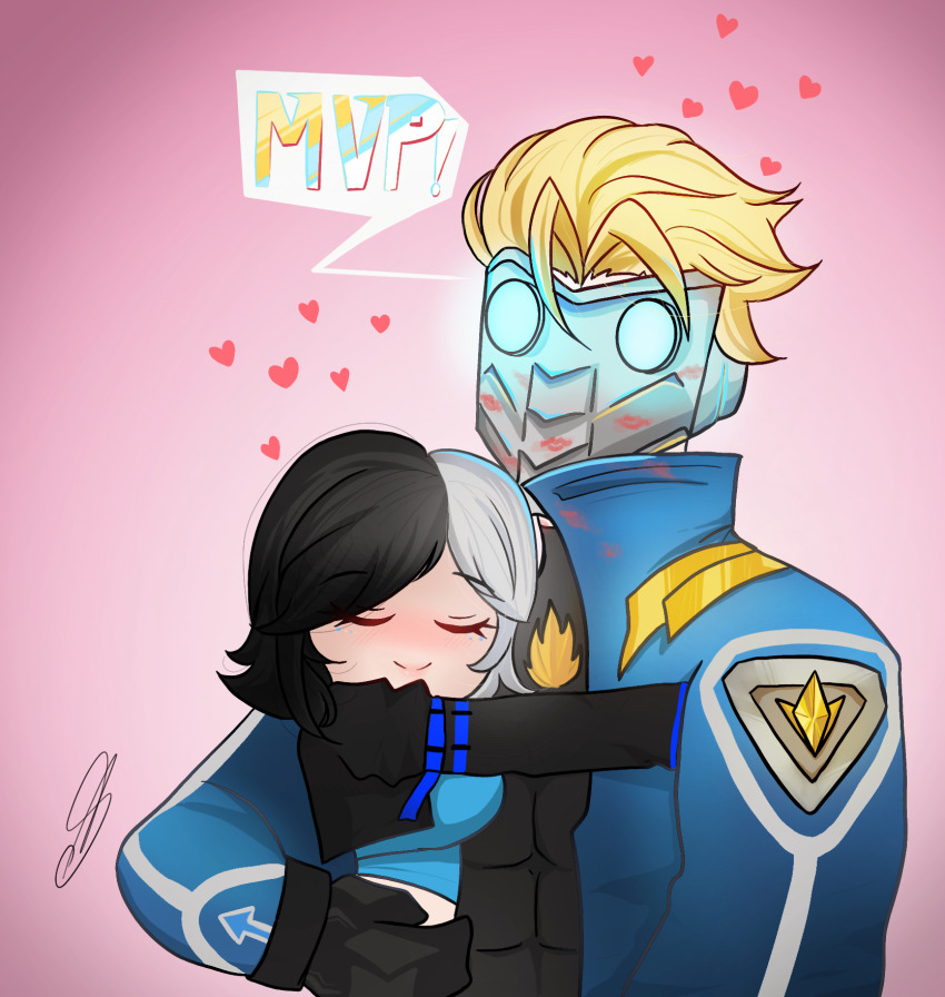 1boy 1girl black_hair blonde_hair blue_eyes blue_jacket blush closed_eyes couple hand_on_another&#039;s_hip happy heart height_difference hetero heterochromia hug jacket lipstick lipstick_mark luna_snow makeup marvel marvel_rivals mask multicolored_hair peter_quill pink_background short_hair simple_background size_difference smile star-lord white_hair