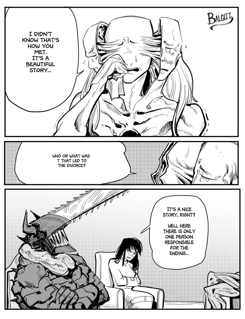1boy 2girls aging_devil_(chainsaw_man) artist_name black_hair breasts chainsaw chainsaw_devil chainsaw_man couch couple crossed_legs extra_arms facing_to_the_side greyscale hair_between_eyes hetero highres horns husband_and_wife intestine_clothing intestines long_hair monochrome multiple_girls no_eyes open_mouth pochita_(chainsaw_man) ringed_eyes scar scarf sharp_teeth shirt signature simple_background sitting split_head teeth therapy translated victorbalgitt yoru_(chainsaw_man)