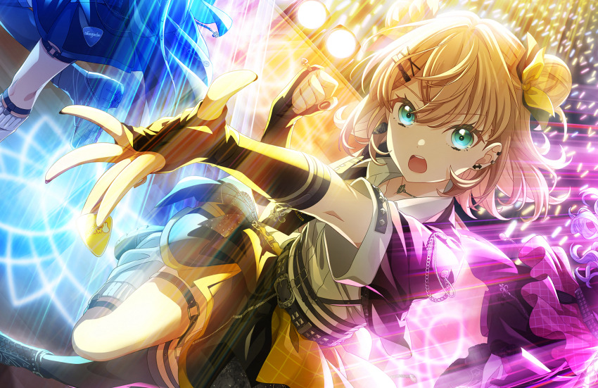 3girls arrow_earrings asymmetrical_legwear black_jacket black_skirt black_thighhighs clenched_hand collarbone collared_shirt double_bun dress_shirt earrings game_cg hair_bun hair_ornament hairclip highres hinoshita_kaho i_do_me!_(love_live!) jacket jewelry kneehighs legwear_garter link!_like!_love_live! looking_at_viewer loose_socks love_live! miniskirt mismatched_earrings mismatched_legwear multiple_girls murano_sayaka non-web_source o-ring o-ring_thigh_strap official_alternate_costume official_alternate_hairstyle official_art open_clothes open_jacket open_mouth osawa_rurino outstretched_arm pleated_skirt shirt short-sleeved_jacket short_sleeves single_legwear_garter single_thighhigh skirt socks solo_focus stud_earrings teeth thigh_strap thighhighs uneven_legwear upper_teeth_only v-shaped_eyebrows virtual_youtuber white_shirt white_socks x_hair_ornament