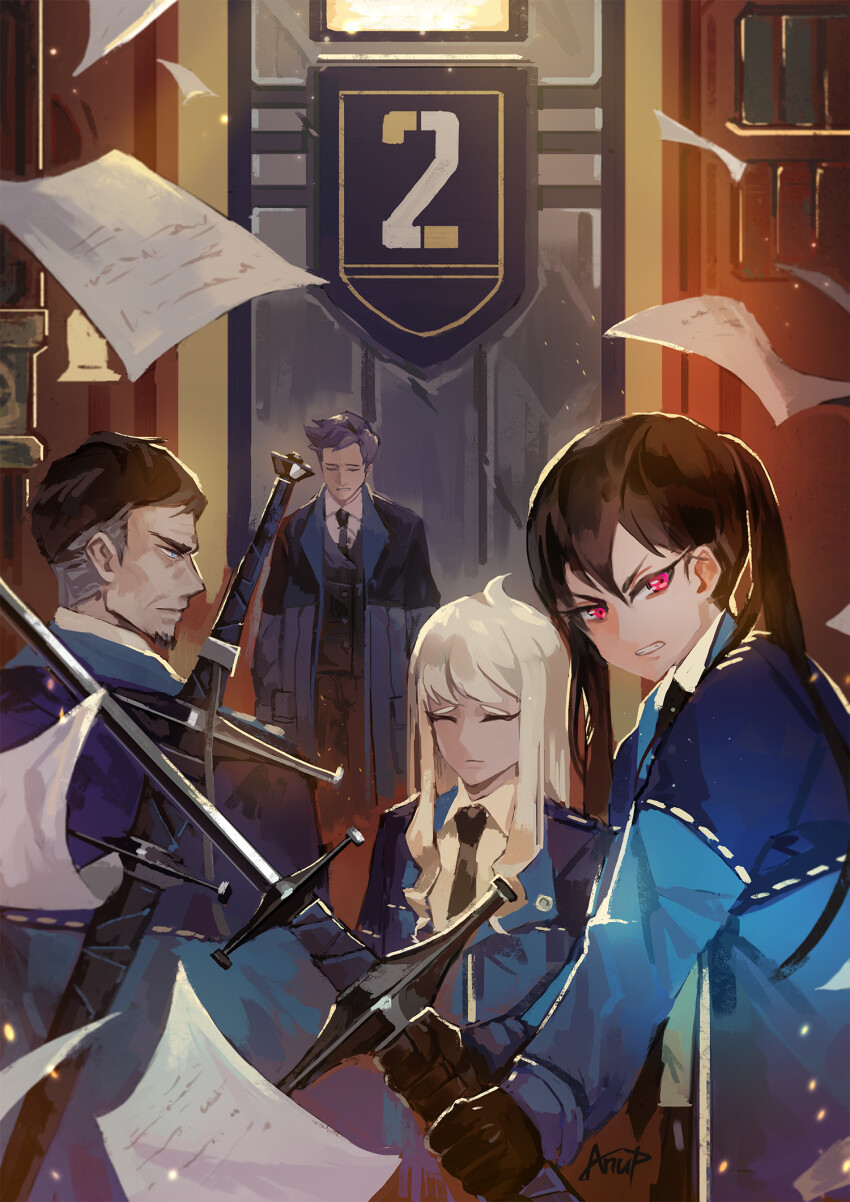 2boys 2girls angry anupatten black_hair blonde_hair blue_jacket closed_eyes flying_paper gloves grey_hair highres holding holding_sword holding_weapon isadora_(project_moon) jacket julia_(project_moon) library_of_ruina multicolored_hair multiple_boys multiple_girls necktie paper pink_eyes project_moon san_(project_moon) scowl sword sword_on_back twintails walter_(project_moon) weapon weapon_on_back zwei_association_south_uniform zweihander