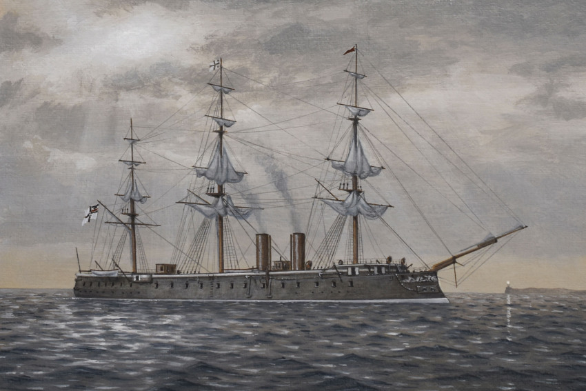 acrylic_paint_(medium) atelier_bono highres imperial_german_navy ironclad mast military_vehicle no_humans ocean original overcast painting_(medium) ship sky smoke smokestack sms_koenig_wilhelm traditional_media vehicle_focus warship watercraft
