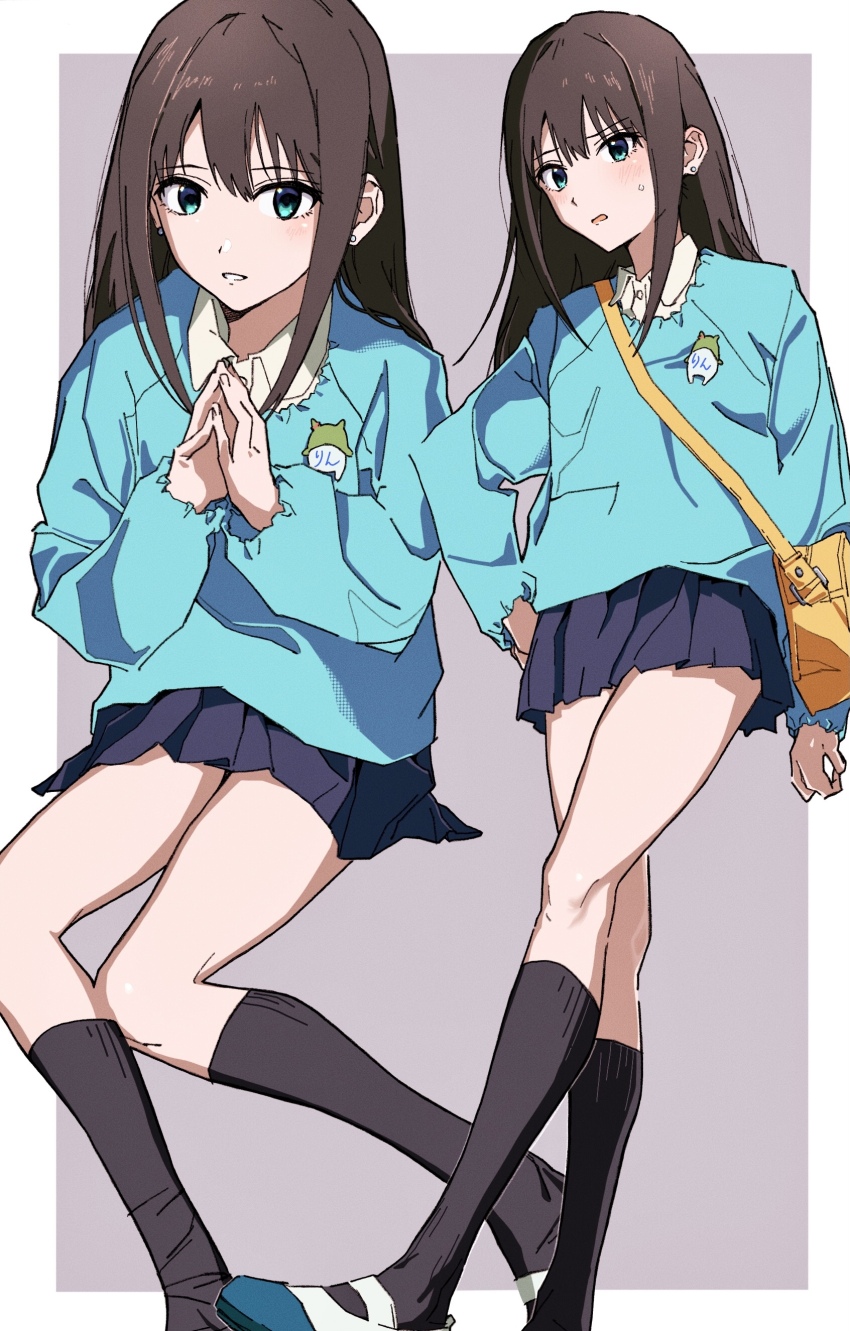 1girl absurdres bag black_skirt black_socks bloom_into_me15 blue_shirt brown_hair foot_out_of_frame green_eyes hand_on_own_hip hands_up highres idolmaster idolmaster_cinderella_girls kindergarten_bag kindergarten_uniform long_hair long_sleeves looking_at_viewer multiple_views own_hands_together parted_lips pleated_skirt shibuya_rin shirt shoes shoulder_bag sitting skirt smock socks standing sweatdrop yellow_bag