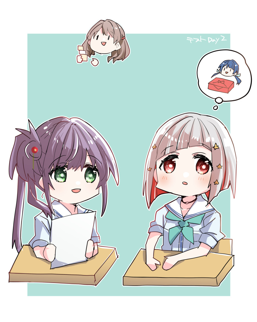 4girls :d blue_dress blue_hair blue_ribbon bob_cut breast_pocket brown_hair chibi chibi_inset commentary_request desk diagonal_bangs dress flower fujishima_megumi green_eyes grey_hair hair_bun hair_flower hair_ornament hair_ribbon highres holding holding_paper inverted_bob kanduki_kamibukuro link!_like!_love_live! long_hair love_live! low_twintails multicolored_hair multiple_girls murano_sayaka on_chair open_mouth otomune_kozue paper parted_lips pocket puffy_short_sleeves puffy_sleeves red_eyes red_flower red_hair ribbon sailor_collar sailor_dress school_desk short_hair short_sleeves side_ponytail sidelocks single_side_bun sitting smile speech_bubble spoken_character star_(symbol) star_hair_ornament streaked_hair summer_uniform thought_bubble twintails virtual_youtuber white_sailor_collar wrapped_bento yugiri_tsuzuri |_|