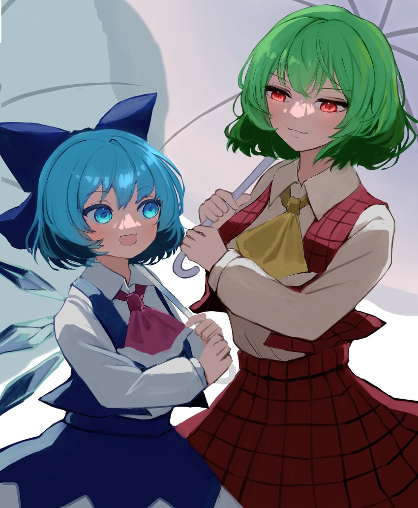 2girls :d absurdres ascot blue_bow blue_eyes blue_hair blue_skirt blue_vest bow cirno closed_mouth collared_shirt commentary cosplay detached_wings green_hair hair_bow highres holding holding_umbrella ice ice_wings kazami_yuuka kazami_yuuka_(cosplay) long_sleeves looking_at_another mikan_(manmarumikan) multiple_girls open_mouth plaid_clothes plaid_skirt plaid_vest red_ascot red_eyes red_skirt red_vest shirt short_hair simple_background skirt smile touhou umbrella vest white_background white_shirt wings yellow_ascot