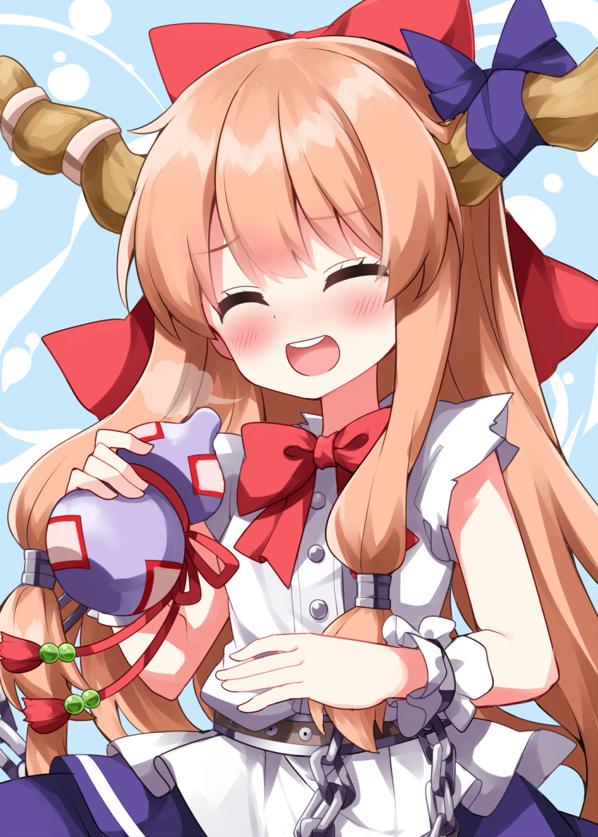 1girl :d blue_background blush bow bowtie brown_horns buttons chain closed_eyes commentary_request hair_bow highres holding horn_ornament horn_ribbon horns ibuki_suika long_hair oni open_mouth orange_hair purple_ribbon red_bow red_bowtie ribbon ruu_(tksymkw) shirt sidelocks sleeveless sleeveless_shirt smile solo teeth touhou upper_body upper_teeth_only white_shirt wrist_cuffs