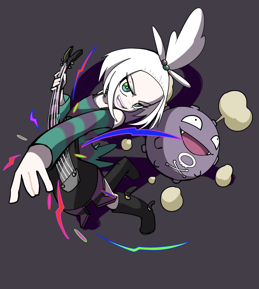 1girl :d absurdres bara_niku_(ydyh4577) bass_guitar black_boots boots bright_pupils commentary_request dress gen_1_pokemon green_eyes grey_background hair_bobbles hair_ornament highres holding holding_instrument instrument koffing long_sleeves multicolored_hair_bobbles nintendo open_mouth pokemon pokemon_(creature) pokemon_bw2 roxie_(pokemon) smile striped_clothes striped_dress teeth topknot two-tone_dress upper_teeth_only white_hair white_pupils