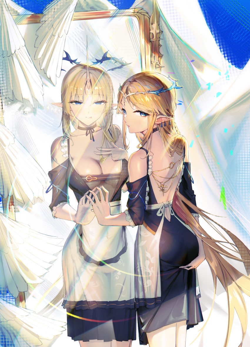 2girls :q absurdres alternate_costume ass backless_dress backless_outfit bare_shoulders black_dress blonde_hair blue_eyes breasts cartethyia_(wuthering_waves) chinese_commentary commentary_request cowboy_shot crown_of_thorns different_reflection dress fleurdelys_(wuthering_waves) hand_on_mirror highres horns large_breasts long_hair looking_at_viewer median_furrow multiple_girls pointy_ears reflection single_horn sydiiiiiii tacet_mark_(wuthering_waves) tongue tongue_out very_long_hair wuthering_waves yellow_horns
