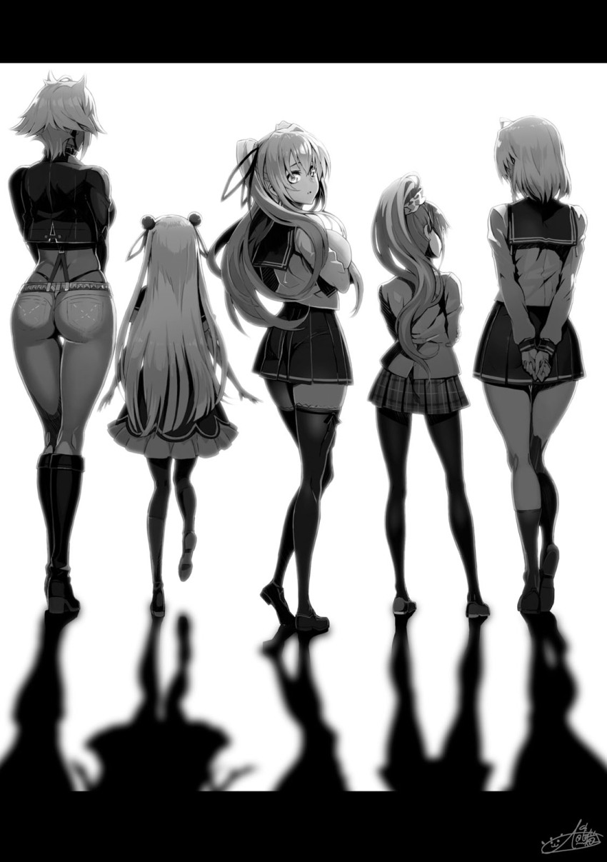 5girls ass breasts child dark-skinned_female dark_skin facing_away female_focus from_behind full_body g-string garter_straps greyscale hair_ornament hair_ribbon height_difference highres large_breasts long_hair looking_at_viewer looking_back monochrome multiple_girls naruse_maria naruse_mio nonaka_kurumi nonaka_yuki novel_illustration official_art ookuma_nekosuke ponytail ribbon school_uniform shadow shinmai_maou_no_testament short_hair siblings sisters standing thighhighs thong twintails whale_tail_(clothing) zest
