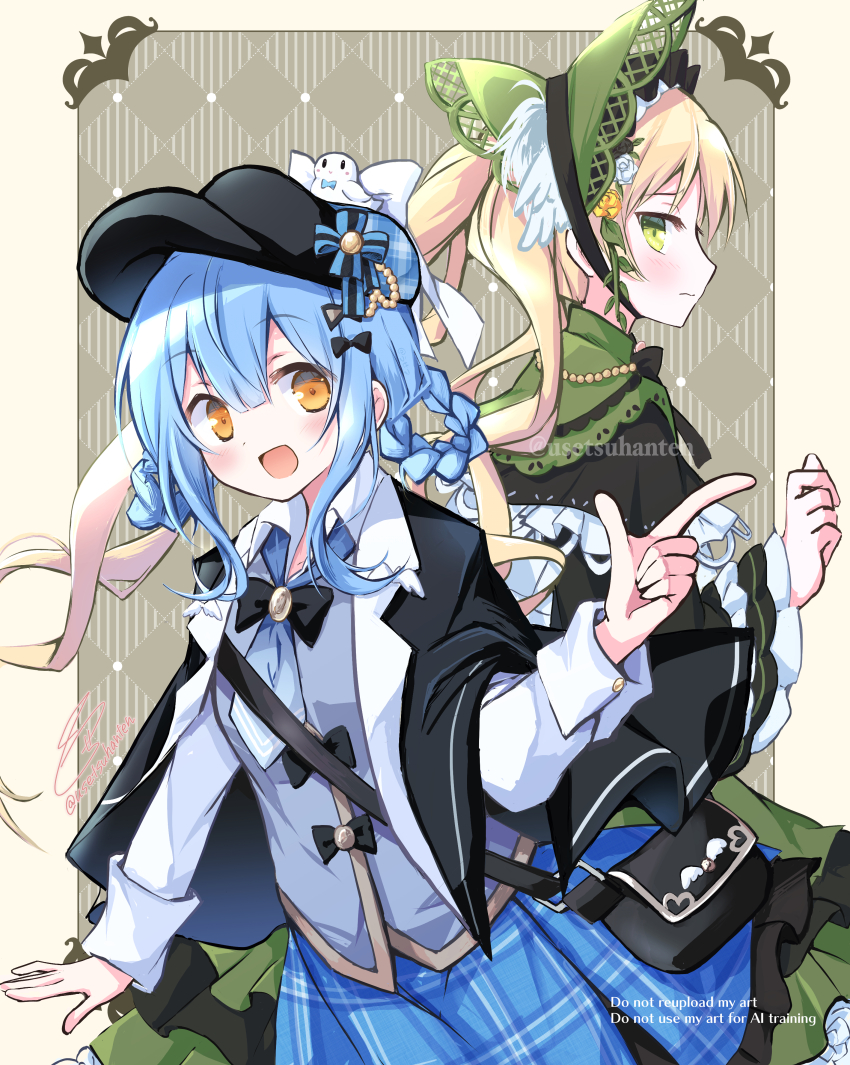 2girls absurdres bag bird_hat_ornament black_bow black_bowtie black_capelet black_dress blue_dress blue_hair bonnet bow bowtie braid braided_hair_rings capelet closed_mouth commentary_request dress flower flower_ornament frilled_dress frilled_sleeves frills gothic_lolita green_dress green_eyes hair_rings highres lolita_fashion long_hair magical_girl mahou_shoujo_no_majo_saiban messenger_bag multiple_girls open_mouth rose short_hair shoulder_bag smile tachibana_sherry tono_hanna too_many two-tone_dress usetsusakon2 very_long_hair watermark white_flower white_rose yellow_eyes yellow_flower yellow_rose