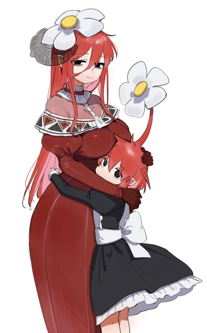 2girls apron bags_under_eyes black_dress black_eyes blush breasts child closed_mouth commentary dress flower flower_hairpin gloves hair_between_eyes hand_on_another&#039;s_head height_difference highres hufy hug large_breasts long_hair long_sleeves looking_at_viewer multiple_girls nintendo onion_(pikmin) personification pikmin_(series) pointy_ears red_dress red_gloves red_hair red_pikmin short_hair simple_background white_apron white_background white_flower