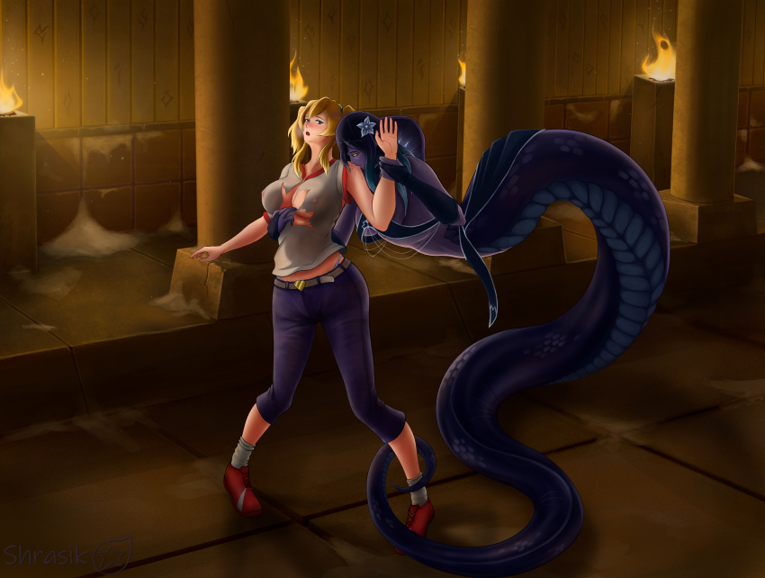 2girls absurdres apophis_(monster_girl_encyclopedia) belt bitten blue_eyes blush breasts cleavage commentary commission denim english_commentary highres huge_filesize lamia light_brown_hair long_hair looking_at_another monster_girl monster_girl_encyclopedia monster_girl_encyclopedia_ii multiple_girls ruins shirt shrasik torn_clothes torn_shirt twintails