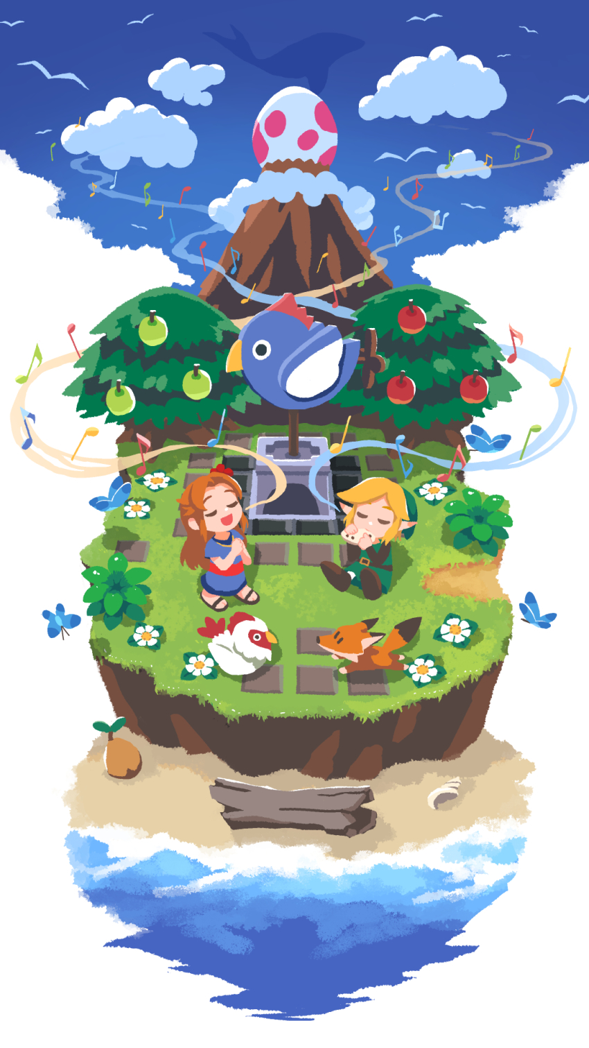 1boy 1girl animal apple bird blonde_hair bug bush butterfly chibi chicken closed_eyes cloud cucco egg elf flower food fox fruit grass highres insect instrument kaneni link log long_hair marin_(marine-sky-earth) marin_(zelda) mountain music musical_note nintendo ocarina orange_hair outdoors playing_instrument pointy_ears sandals shore singing sitting sky the_legend_of_zelda the_legend_of_zelda:_link&#039;s_awakening tree water wind_fish