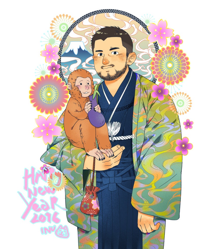 1boy 2016 absurdres animal bara beard black_hair blue_kimono blush chinese_zodiac daisukebear ear_blush eggplant facial_hair feet_out_of_frame floral_background food fruit haori happy_new_year highres holding holding_animal holding_food holding_fruit japanese_clothes kimono looking_at_viewer male_focus mature_male monkey mustache new_year nose_blush original short_hair solo undercut year_of_the_monkey