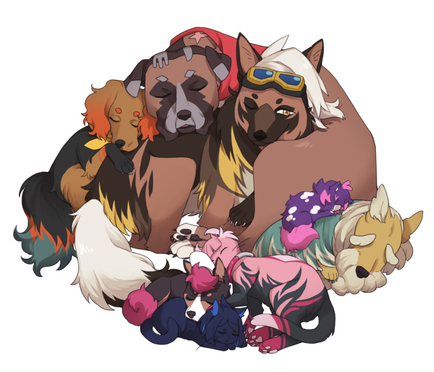 angel_(sunnyknights) animalization baby_animal cat collar commentary dog dot_(pokemon) english_commentary friede_(pokemon) goggles goggles_on_head kitten liko_(pokemon) ludlow_(pokemon) mollie_(pokemon) murdock_(pokemon) nintendo orla_(pokemon) pokemon pokemon_(anime) pokemon_horizons puppy roy_(pokemon) simple_background sleeping white_background yellow_eyes