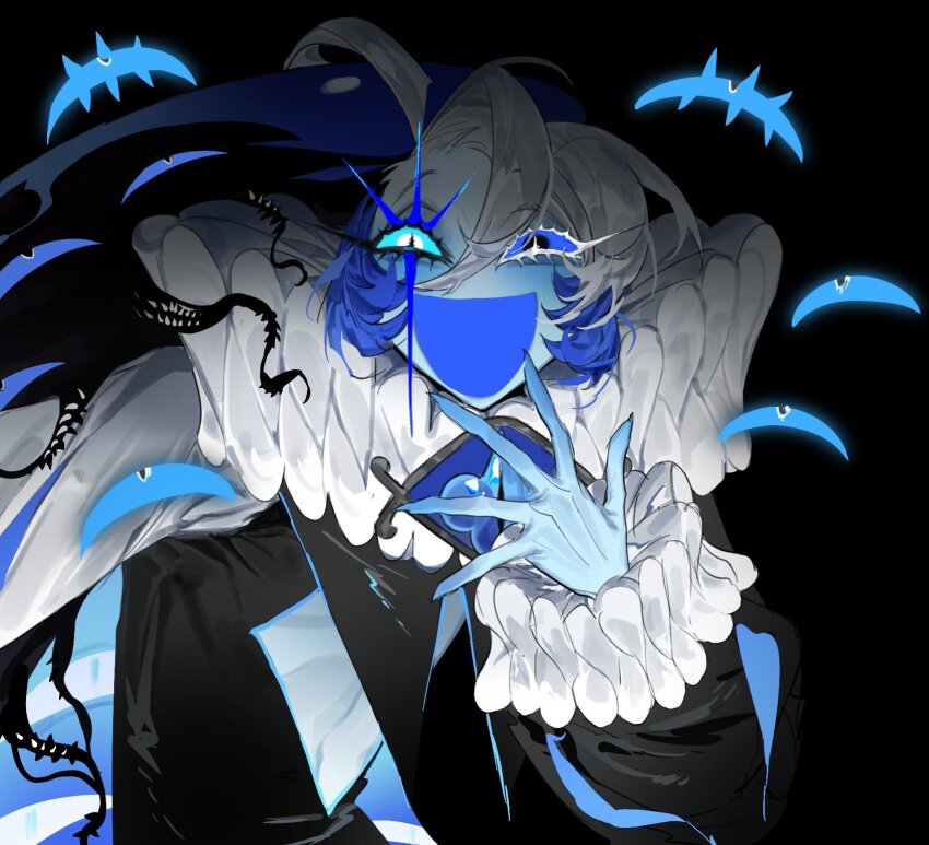 1boy black_background black_jacket black_shirt blazer blue_eyes blue_hair blue_sclera blue_skin bright_pupils colored_eyelashes colored_sclera colored_skin commentary cookie_run cookie_run:_kingdom disembodied_eye evil_smile hair_between_eyes hand_on_own_chin heterochromia highres jacket liquid_from_eyes long_sleeves looking_at_viewer male_focus mismatched_pupils mismatched_sclera multicolored_hair neck_ruff open_mouth shadow_milk_cookie shirt short_hair sleeves_past_wrists slit_pupils smile solo taotie_flylover tentacles two-sided_fabric two-sided_jacket two-tone_hair upper_body white_hair white_pupils white_sleeve_cuffs