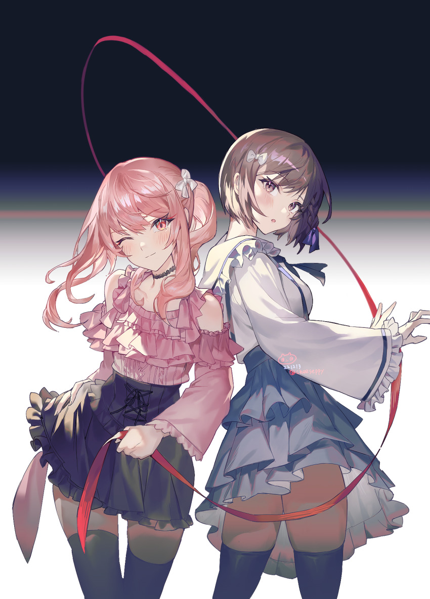 1girl 1other ;3 akiyama_mizuki akiyama_mizuki_(cosplay) black_skirt black_thighhighs blue_skirt bow braid brown_hair cheeseppy commentary_request cosplay costume_switch frilled_sleeves frills hair_bow highres off-shoulder_shirt off_shoulder one_eye_closed pink_eyes pink_hair pink_ribbon pink_shirt project_sekai ribbon shinonome_ena shinonome_ena_(cosplay) shirt short_hair side_ponytail skindentation skirt thighhighs white_bow white_shirt zettai_ryouiki