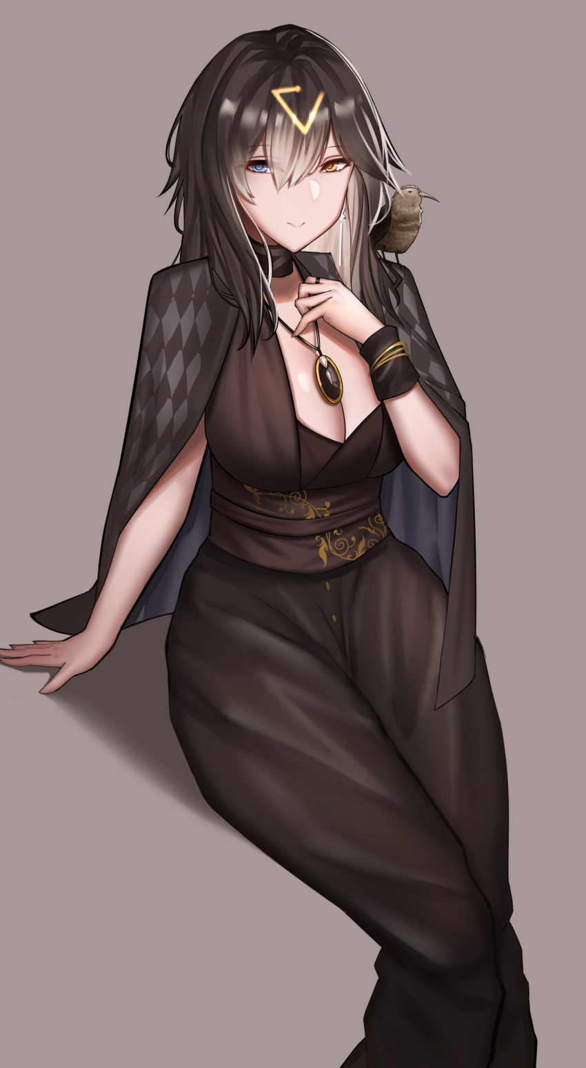 1girl absurdres azur_lane bad_id bad_pixiv_id bird black_hair breasts cleavage cloak female_focus georgia_(azur_lane) georgia_(south_town_pearl)_(azur_lane) gloves hair_ornament halterneck heterochromia highres jewelry large_breasts long_hair looking_at_viewer necklace sidelocks siu_(siu0207) smile solo yellow_eyes