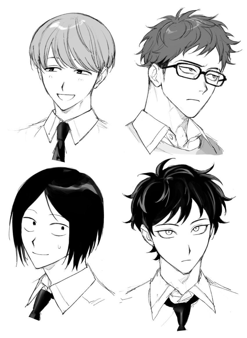 4boys :d aa_kabeuchi bowl_cut closed_mouth collared_shirt eyebrow_cut futsuu_no_keion-bu glasses greyscale highres male_focus mizuo_haruichi monochrome multiple_boys necktie open_mouth parted_bangs portrait protocol._(futsuu_no_keion-bu) sanpaku school_uniform shirt short_hair simple_background small_sweatdrop smile sweater taguchi_ryuuya takami_kouki tohno_gen tsurime very_short_hair white_background