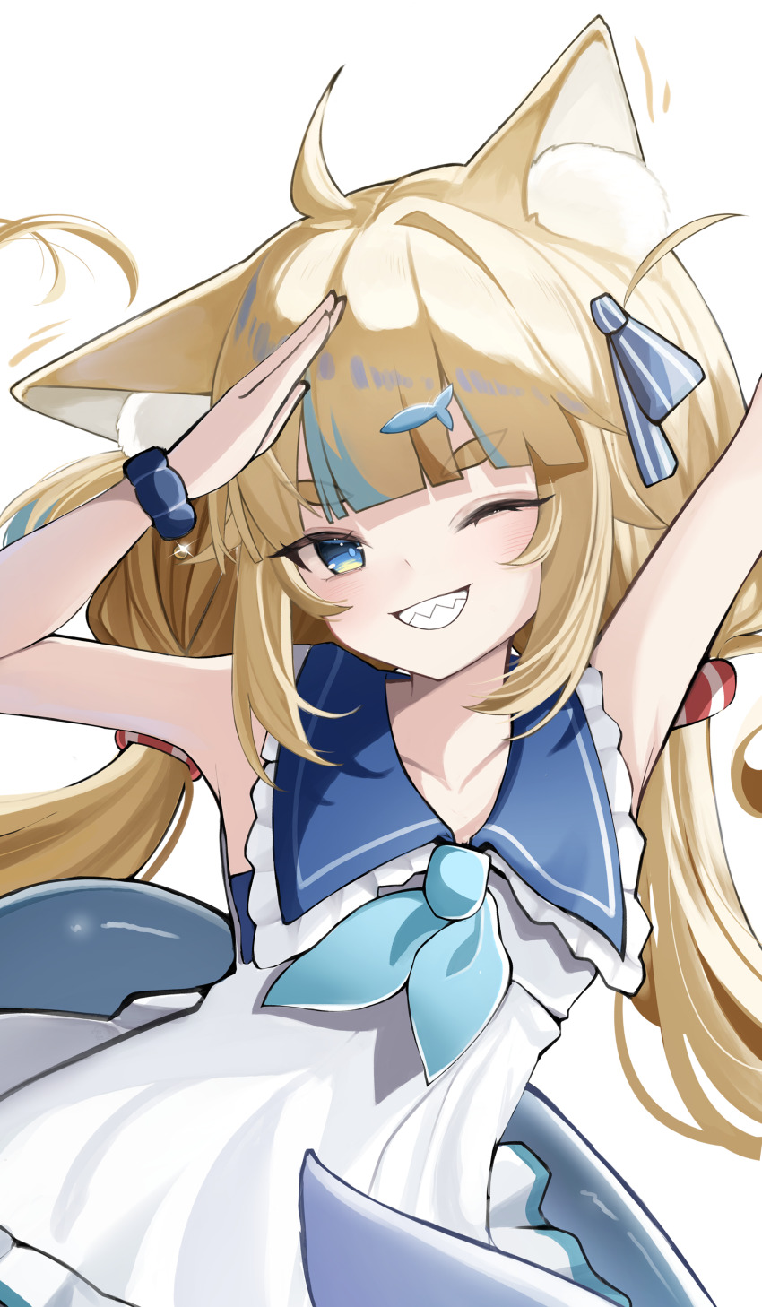 1girl absurdres ahoge animal_ear_fluff animal_ears blonde_hair blue_eyes blue_hair blue_neckerchief cat_ears dress fins fish_hair_ornament fish_tail grin hair_ornament highres indie_virtual_youtuber lifebuoy_hair_ornament long_hair looking_at_viewer low_twintails multicolored_hair neckerchief one_eye_closed papaya_b0i sailor_dress sameko_saba sharp_teeth smile solo streaked_hair tail teeth twintails very_long_hair virtual_youtuber white_background white_dress