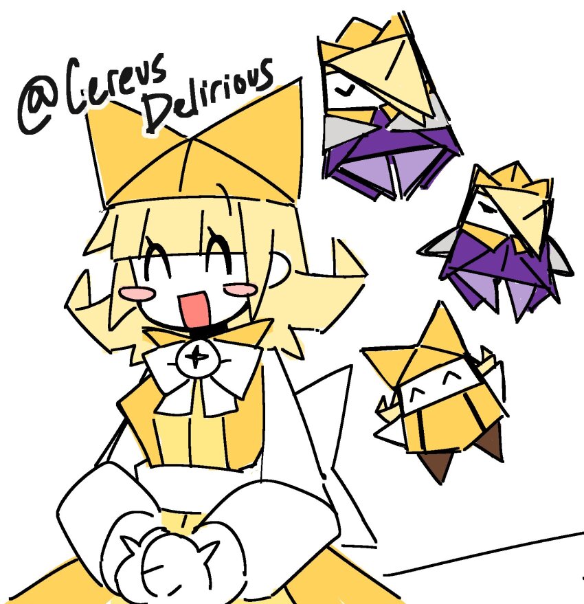 1boy 1girl ^_^ back_bow bell black_eyes blonde_hair blunt_bangs blush_stickers bow bowtie brother_and_sister cape cereusdelirious closed_eyes collared_dress commentary creature_and_personification crown dress english_commentary eyelashes eyes_visible_through_hair hair_over_one_eye happy hat high_collar highres king_olly mario_(series) medium_hair multiple_views neck_bell nintendo olivia_(paper_mario) open_mouth own_hands_together paper_mario paper_mario:_the_origami_king personification pinafore_dress purple_cape purple_shirt shirt short_hair siblings simple_background sleeveless sleeveless_dress smile solid_eyes twitter_username white_background white_bow white_bowtie white_shirt yellow_crown yellow_dress yellow_hat yellow_shirt