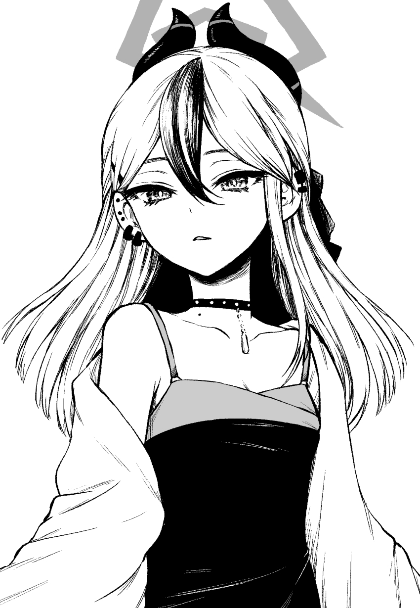 1girl bare_shoulders blue_archive breasts choker dress ear_piercing expressionless greyscale halo haruhito_(divineshalt) highres horns kayoko_(blue_archive) kayoko_(dress)_(blue_archive) long_hair looking_at_viewer monochrome parted_lips piercing simple_background small_breasts solo upper_body