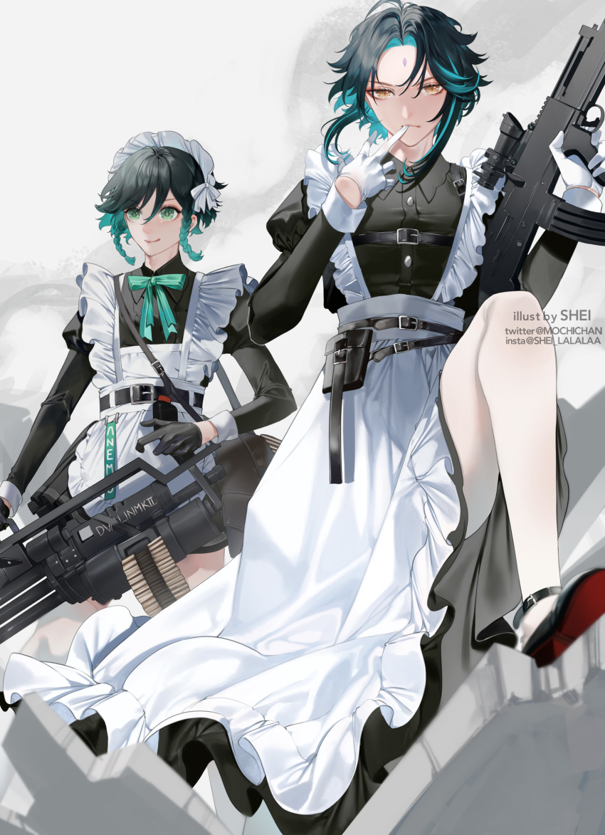 2boys 7.62x51mm_nato absurdres alternate_costume ammunition ammunition_belt apron aqua_hair assault_rifle belt black_belt black_dress black_footwear black_gloves braid bullpup buttons chainsaw_grip collared_shirt commentary crossdressing debris dress english_commentary english_text enmaided eyelashes eyeliner eyeshadow facial_mark forehead_mark frilled_apron frills fully_powered_cartridge gatling_gun genshin_impact gloves green_eyes green_ribbon grey_background gun half_gloves high_heels highres holding holding_gun holding_weapon instagram_username juliet_sleeves l85 leg_up lips lmg_cartridge long_sleeves looking_at_viewer looking_to_the_side m134_minigun m13_link machine_gun maid makeup male_focus medium_machine_gun military_cartridge minigun multicolored_hair multiple-barrel_gun multiple_boys neck_ribbon pantyhose parted_bangs puffy_sleeves red_eyeshadow removing_glove ribbon rifle rifle_cartridge rotary_machine_gun shei99 shirt sidelocks smile smoke thighhighs twin_braids twitter_username two-tone_hair utility_belt venti_(genshin_impact) weapon white_apron white_gloves wing_collar xiao_(genshin_impact) yellow_eyes