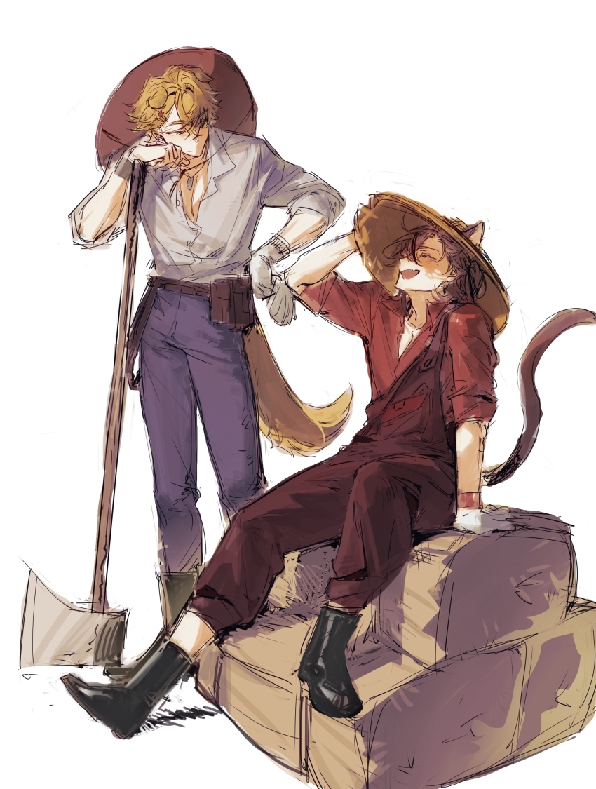 2boys absurdres animal_ears arknights axe bag belt black_footwear black_streaks blonde_hair blue_eyes blue_pants boots bracelet brown_bag brown_belt brown_hair cat cat_ears cat_tail chinese_commentary closed_eyes closed_mouth collared_shirt commentary_request denim dog_boy dog_ears dog_tags dog_tail fang gloves hair_between_eyes hair_ornament hairclip hand_on_own_hat hand_on_own_hip hand_up hat hay highres jeans jewelry looking_at_another male_focus messy_hair multiple_boys necklace open_clothes open_mouth open_shirt overalls pants ponytail red_overalls red_shirt shirt sitting skin_fang sleeves_rolled_up smile stainless_(arknights) standing straw_hat tail tequila_(arknights) white_background white_gloves yachiqijianxianding yaoi