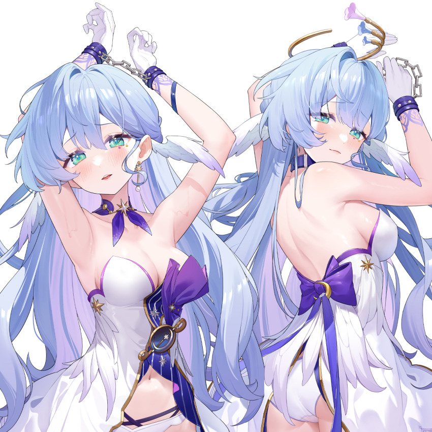 1girl aqua_hair armpits arms_up backless_dress backless_outfit bare_shoulders blush breasts chained_wrists cleavage closed_mouth collarbone dakimakura_(medium) dakimakura_(object) dress earrings feathered_wings gloves head_wings highres honkai:_star_rail honkai_(series) jewelry long_hair looking_at_viewer looking_back medium_breasts navel open_mouth panties pillow robin_(honkai:_star_rail) simple_background smile stomach sweat underwear white_background white_gloves white_panties wings zi_tong_zhi_lei