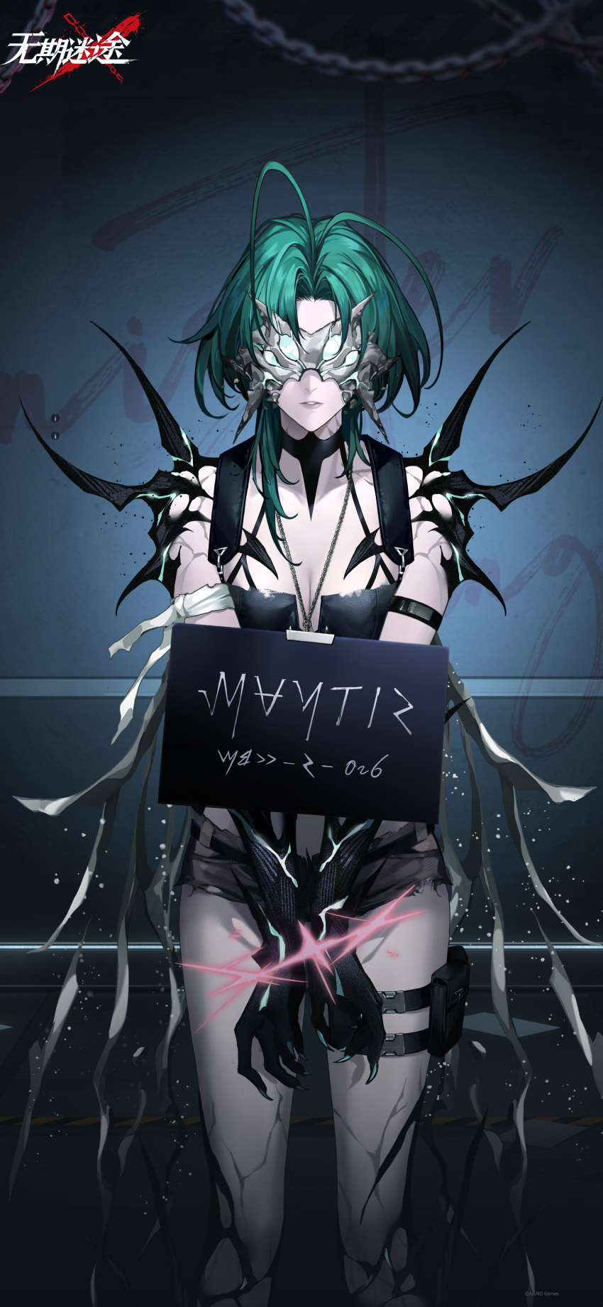 1girl absurdres against_wall antenna_hair bare_shoulders black_gloves black_shorts black_tank_top bound bound_wrists breasts chain character_name cleavage copyright_name covered_eyes cracked_skin eye_mask facing_viewer feet_out_of_frame gloves green_hair highres indoors logo mantis_(path_to_nowhere) medium_hair mugshot official_art official_wallpaper pale_skin path_to_nowhere pouch short_shorts shorts sign sign_around_neck solo straight-on tank_top thigh_pouch