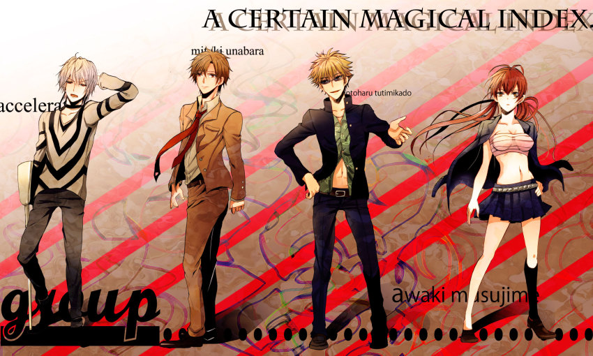 1girl 3boys accelerator_(toaru_majutsu_no_index) bad_id bad_pixiv_id blonde_hair brown_hair choker crutch etzali highres jacket jacket_on_shoulders multiple_boys musujime_awaki red_hair sarashi school_uniform shoko_makiko skirt sunglasses toaru_majutsu_no_index tsuchimikado_motoharu unabara_mitsuki white_hair